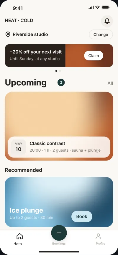 Sauna and plunge studio booking — screen 1 of 6