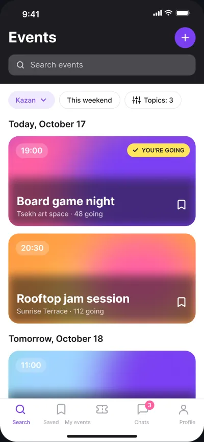 Events and networking platform — screen 1 of 6