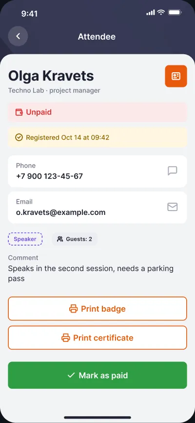 Event attendee registration — screen 2 of 6
