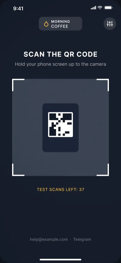 QR access control at the entrance — screen 1 of 6