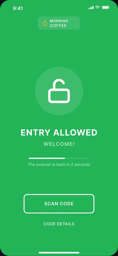 QR access control at the entrance — screen 2 of 6