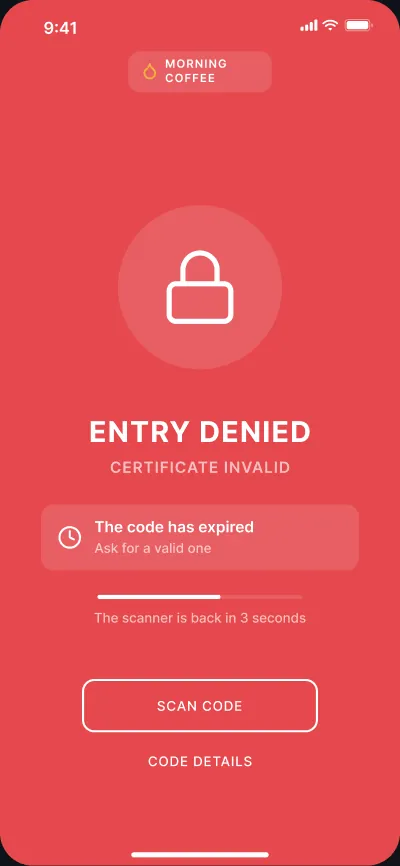 QR access control at the entrance — screen 4 of 6