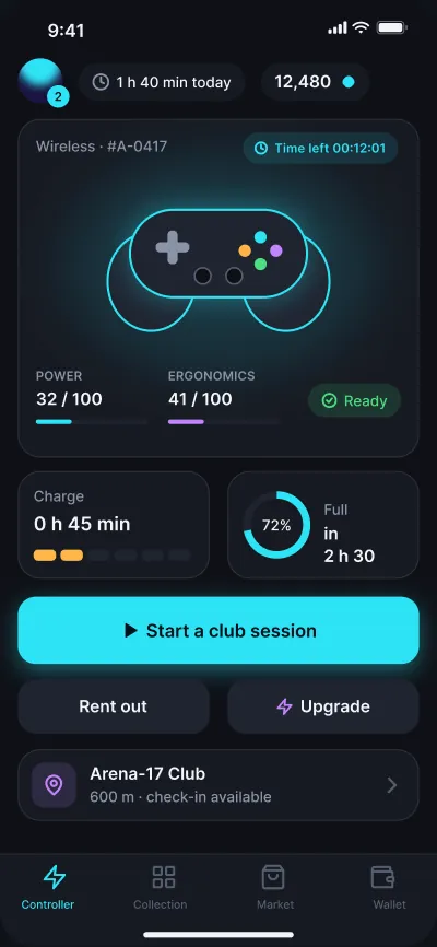 Play-to-earn for gaming clubs — screen 1 of 6