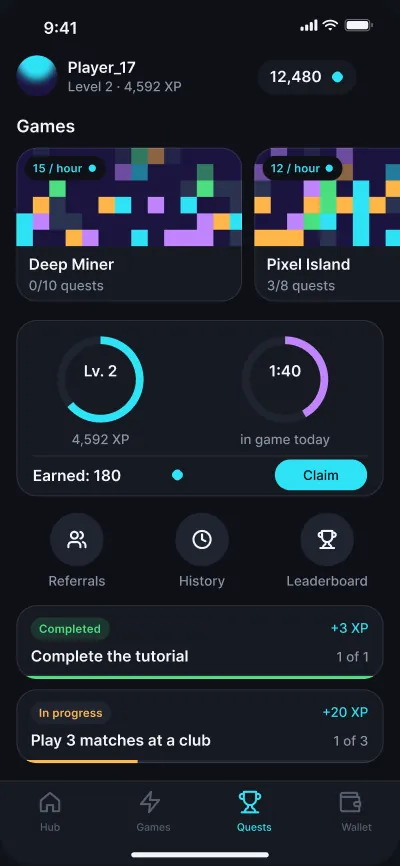 Play-to-earn for gaming clubs — screen 3 of 6