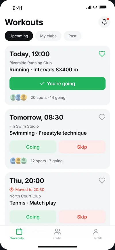 Sports club network — screen 1 of 6